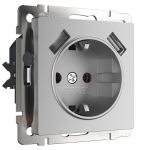 W1171506/ Розетка с заземлением, шторками и USBх2 (серебряный) W1171506