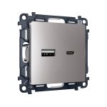 MA511010 Комплект механизма розетки ALFA Сталь матовый 2USB A+C 20W (быстрая зарядка) QUANT (AP5110, VM177)