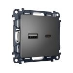 MA661010 Комплект механизма розетки ALFA Антрацит серый 2USB A+C 20W (быстрая зарядка) QUANT (AP6610, VM177)