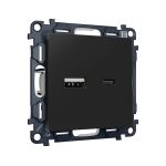 MA811010 Комплект механизма розетки ALFA Черный матовый 2USB A+C 20W (быстрая зарядка) QUANT (AP8110, VM177)