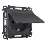 MA908010 Комплект механизма электрической розетки ALFA Графит мягкое касание с/з с шторками и крышкой IP44 QUANT (AP9080, VM141)