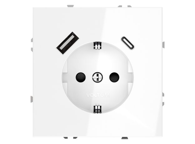 Розетка встраиваемая VOLTUM S70 с заземлением и защитными шторками, 16А, с USB, A+С, (белый глянцевы
