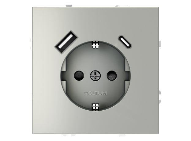 Розетка встраиваемая VOLTUM S70 с заземлением и защитными шторками, 16А, с USB, A+С, (сталь)