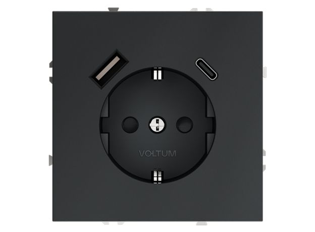 Розетка встраиваемая VOLTUM S70 с заземлением и защитными шторками, 16А, с USB, A+С, (графит)