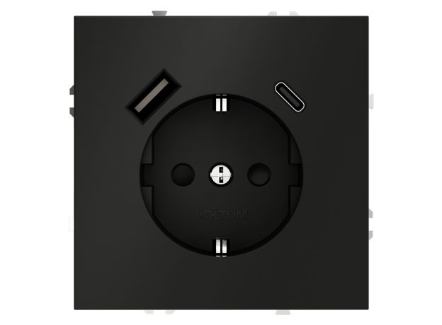Розетка встраиваемая VOLTUM S70 с заземлением и защитными шторками, 16А, с USB, A+С, (черный матовый