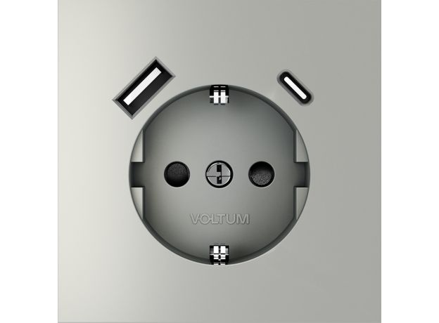 Розетка встраиваемая VOLTUM S70 с заземлением и защитными шторками, 16А, с USB, A+С, (сталь)