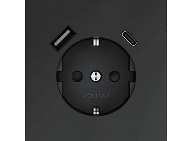 Розетка встраиваемая VOLTUM S70 с заземлением и защитными шторками, 16А, с USB, A+С, (графит)