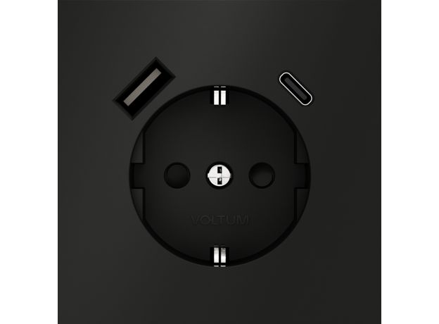 Розетка встраиваемая VOLTUM S70 с заземлением и защитными шторками, 16А, с USB, A+С, (черный матовый