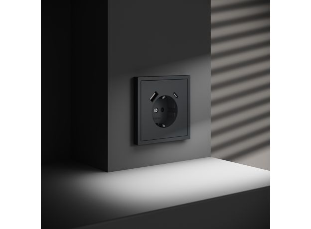 Розетка встраиваемая VOLTUM S70 с заземлением и защитными шторками, 16А, с USB, A+С, (графит)