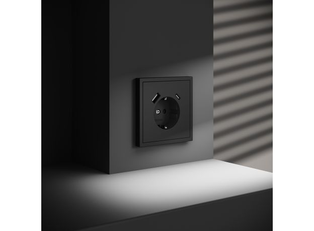 Розетка встраиваемая VOLTUM S70 с заземлением и защитными шторками, 16А, с USB, A+С, (черный матовый