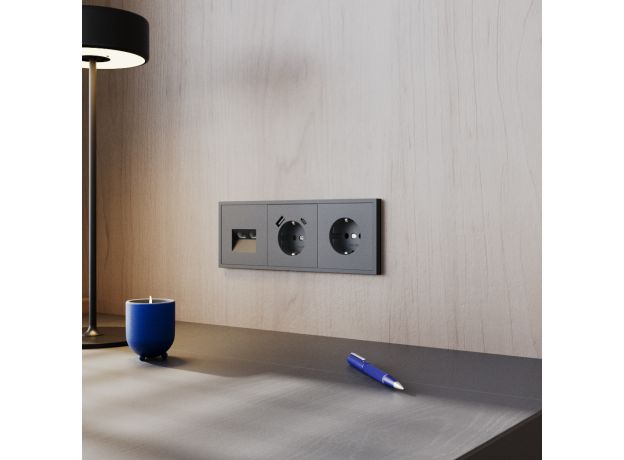 Розетка встраиваемая VOLTUM S70 с заземлением и защитными шторками, 16А, с USB, A+С, (графит)