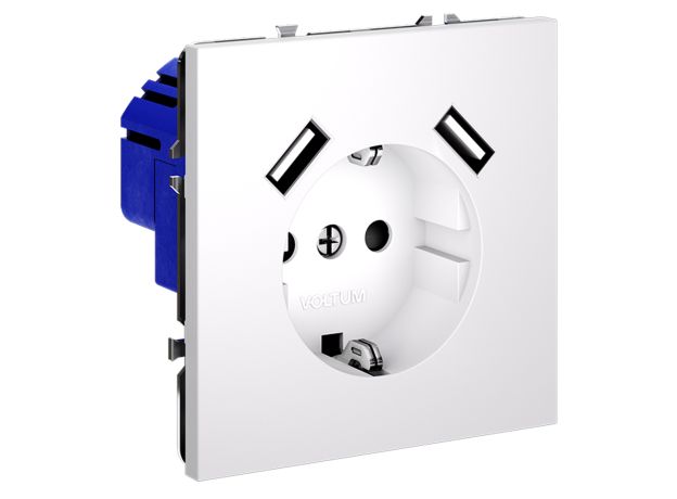 Розетка встраиваемая VOLTUM S70 с заземлением и защитными шторками, 16А, с USB, A+A, (белый матовый)