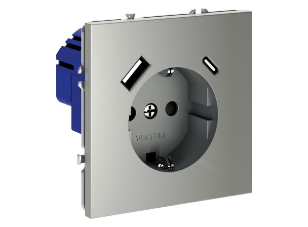 Розетка встраиваемая VOLTUM S70 с заземлением и защитными шторками, 16А, с USB, A+С, (сталь)