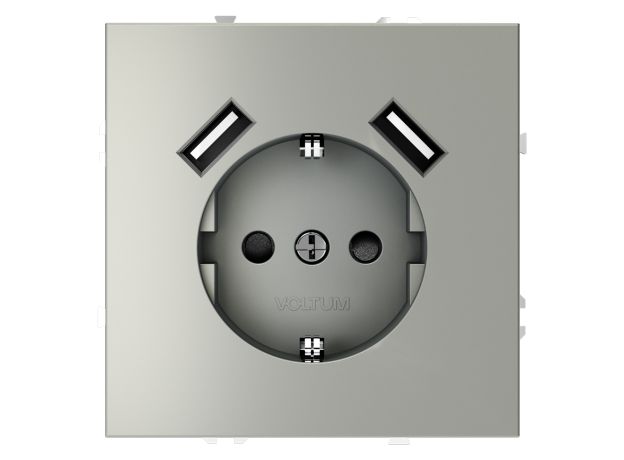 Розетка встраиваемая VOLTUM S70 с заземлением и защитными шторками, 16А, с USB, A+A, (сталь)