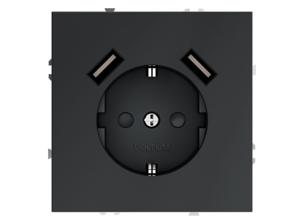 Розетка встраиваемая VOLTUM S70 с заземлением и защитными шторками, 16А, с USB, A+A, (графит)