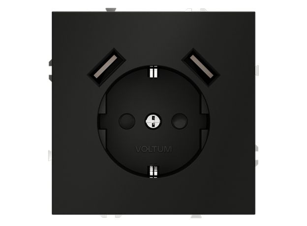 Розетка встраиваемая VOLTUM S70 с заземлением и защитными шторками, 16А, с USB, A+A, (черный матовый