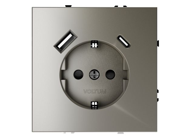 Розетка встраиваемая VOLTUM S70 с заземлением и защитными шторками, 16А, с USB, A+С, (шелк)
