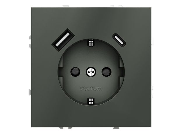 Розетка встраиваемая VOLTUM S70 с заземлением и защитными шторками, 16А, с USB, A+С, (титан)