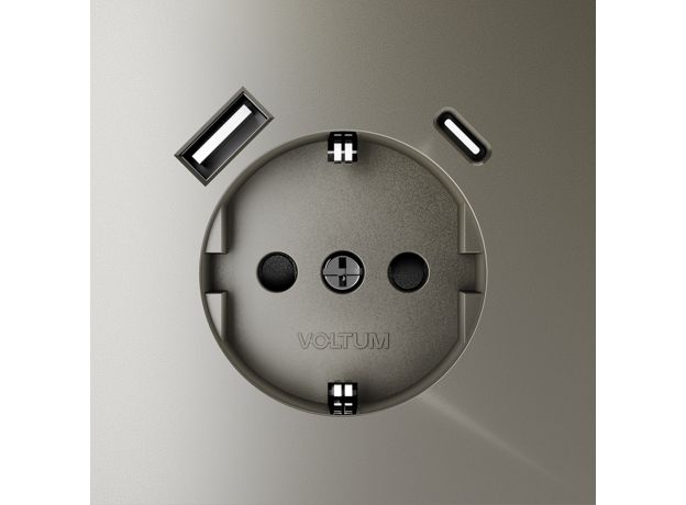 Розетка встраиваемая VOLTUM S70 с заземлением и защитными шторками, 16А, с USB, A+С, (шелк)