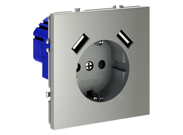 Розетка встраиваемая VOLTUM S70 с заземлением и защитными шторками, 16А, с USB, A+A, (сталь)