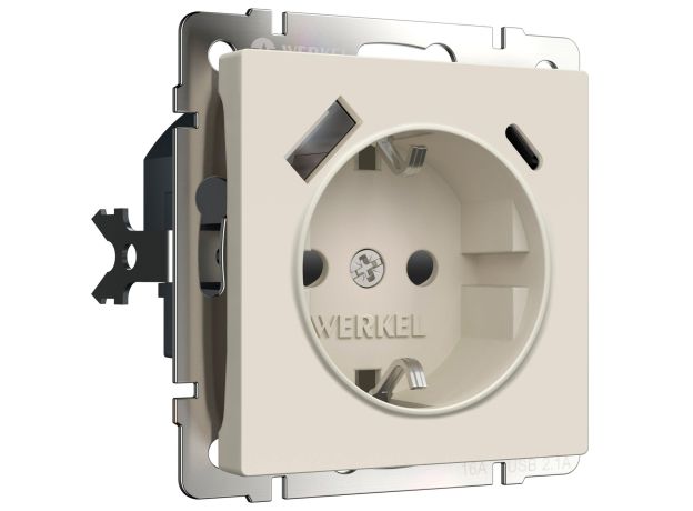 Розетка с заземлением, шторками и USB тип A+C (айвори матовый) W1171762