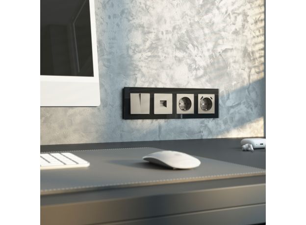 Розетка с заземлением, шторками и USB тип A+C (дымчатый) W1271704