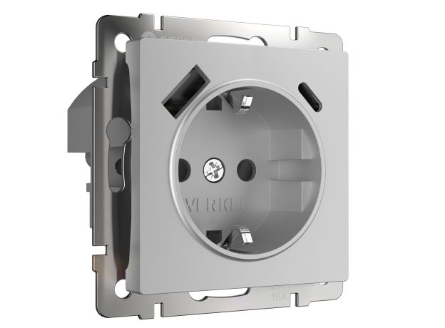 W1171706/ Розетка с заземлением, шторками и USB тип A+C (серебряный) W1171706