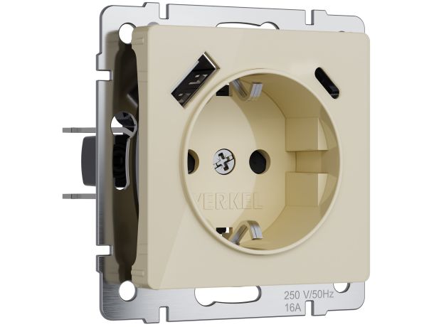 Розетка с заземлением, шторками и USB A+C (айвори акрил) W1171743