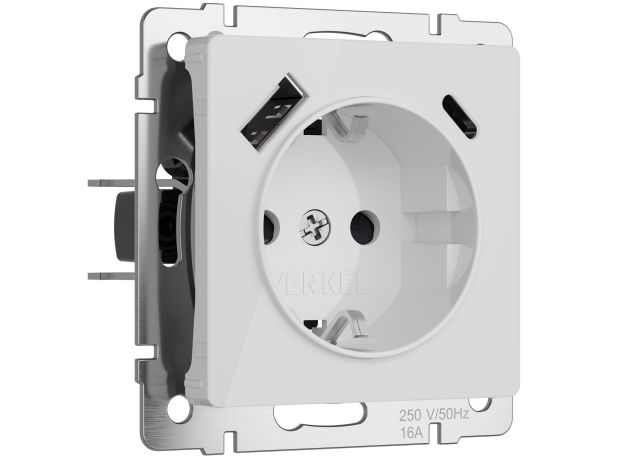 Розетка с заземлением, шторками и USB тип A+C (белый акрил) W1171741