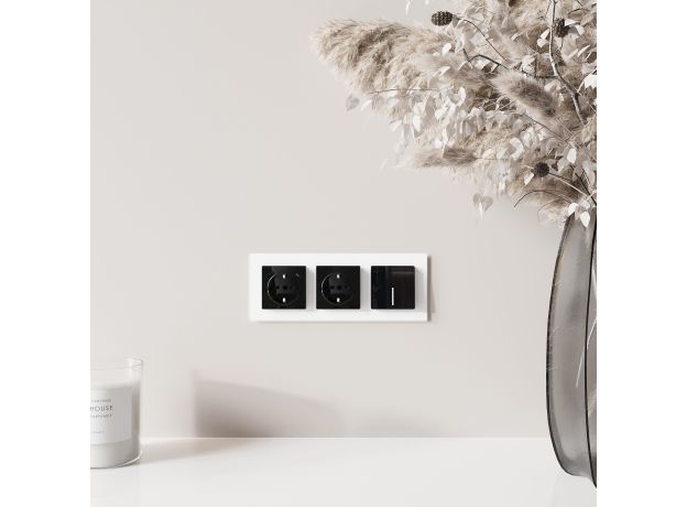 Розетка с заземлением, шторками и USB тип A+C (черный акрил) W1171748