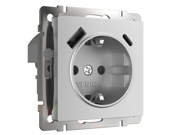 Розетка с заземлением, шторками и USB тип A+C (серебряный матовый) W1171765