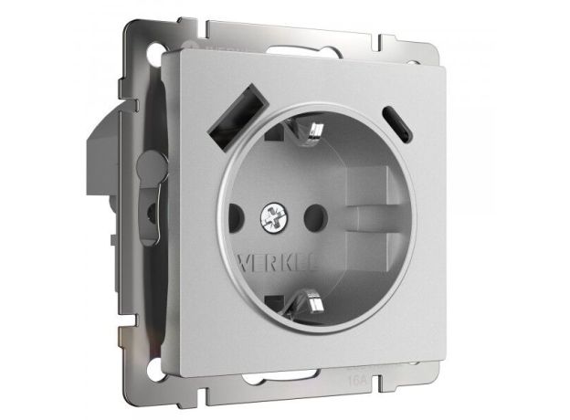 Розетка с заземлением, шторками и USB тип A+C (серебряный матовый) W1171765