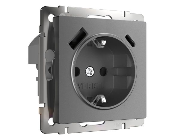 Розетка с заземлением, шторками и USB тип A+C (графит матовый) W1171764