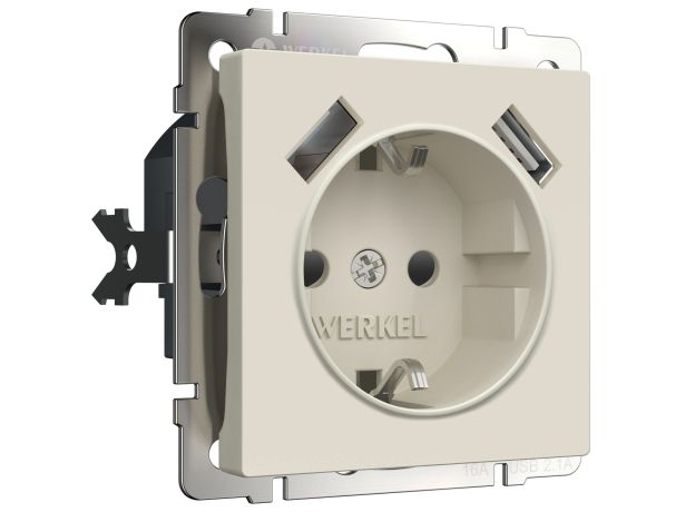 Розетка с заземлением, шторками и USBх2 (айвори матовый) W1171562