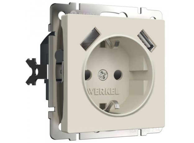 Розетка с заземлением, шторками и USBх2 (айвори матовый) W1171562