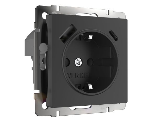 Розетка с заземлением, шторками и USB тип A+C (черный матовый) W1171708