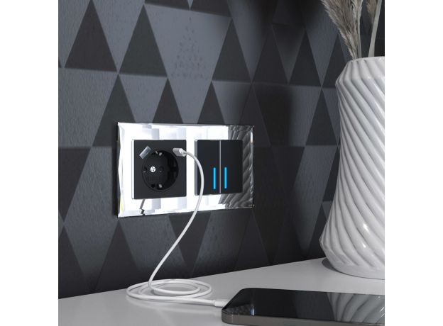 Розетка с заземлением, шторками и USB тип A+C (черный матовый) W1171708