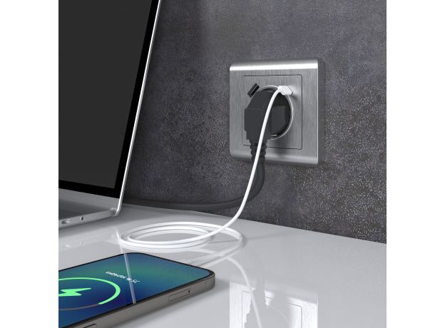 Розетка с заземлением, шторками и USB тип A+C (серебряный рифленый) W1171709