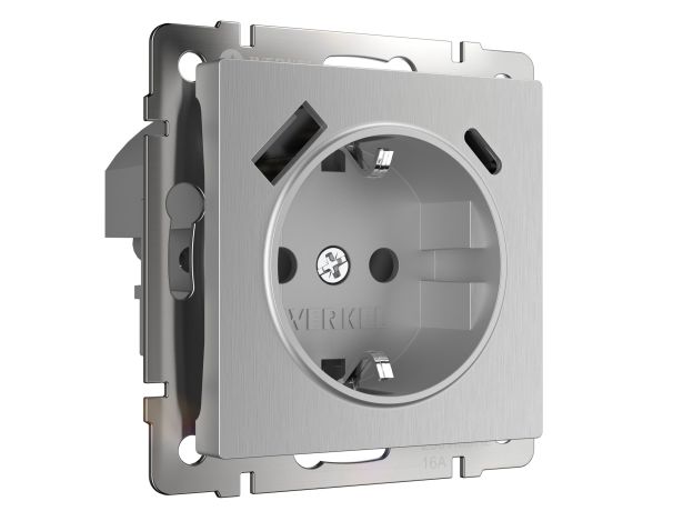 Розетка с заземлением, шторками и USB тип A+C (серебряный рифленый) W1171709
