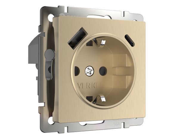 Розетка с заземлением, шторками и USB тип A+C (шампань рифленый) W1171710