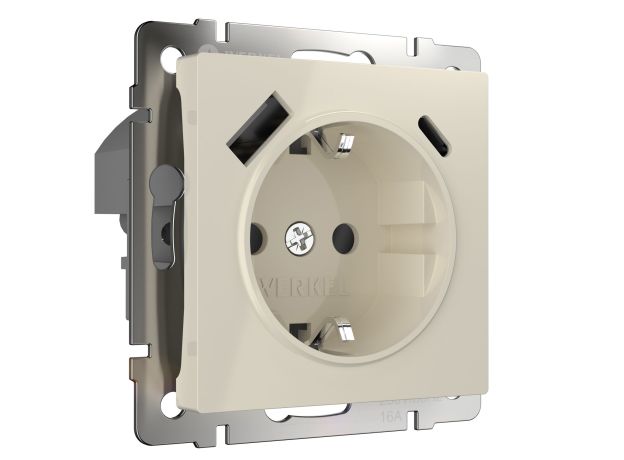 Розетка с заземлением, шторками и USB тип A+C (слоновая кость) W1171703