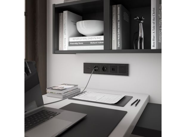 Розетка с заземлением, шторками и USBх2 (черный матовый) W1171508