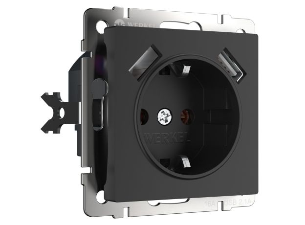 Розетка с заземлением, шторками и USBх2 (черный матовый) W1171508
