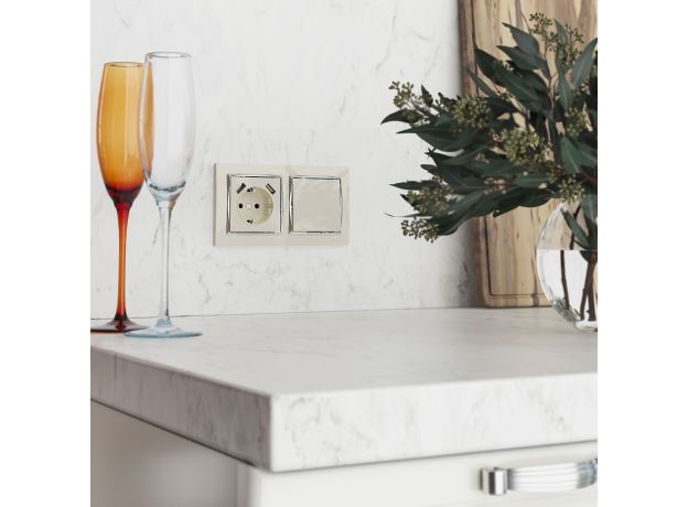 Розетка с заземлением, шторками и USBх2 (слоновая кость) W1171503