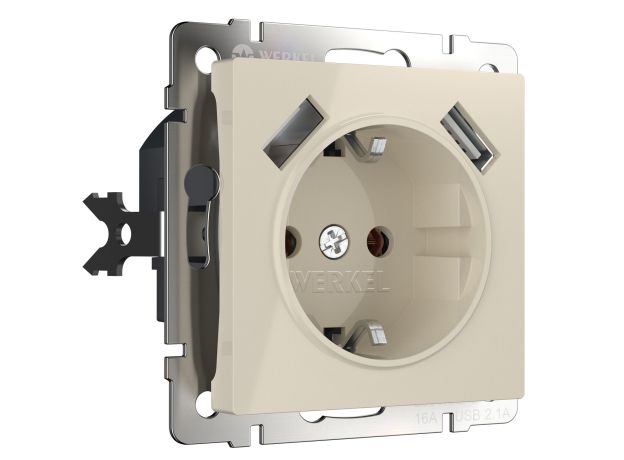 Розетка с заземлением, шторками и USBх2 (слоновая кость) W1171503