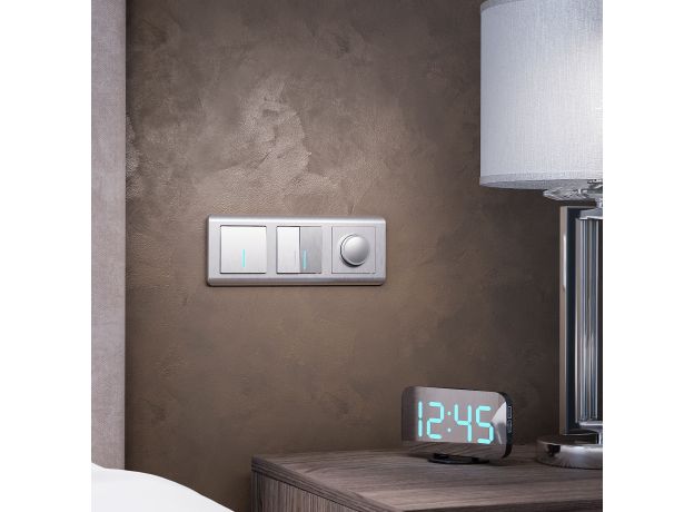 Выключатель двухклавишный проходной с подсветкой (cеребряный рифленый) W1122109