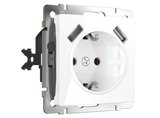 Розетка с заземлением, шторками и USBх2 (белая) W1171501