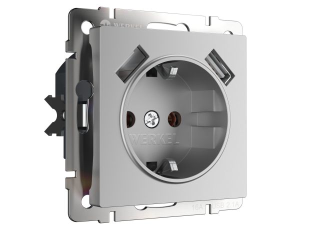 W1171506/ Розетка с заземлением, шторками и USBх2 (серебряный) W1171506