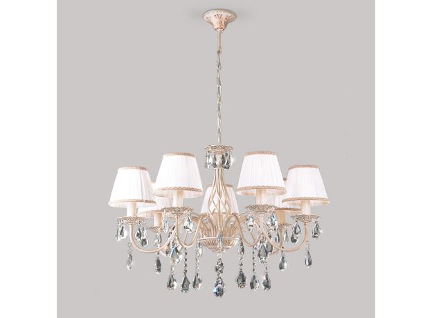 Подвесная люстра с хрусталем и абажурами 3637/7 белый с золотом / прозрачный хрусталь