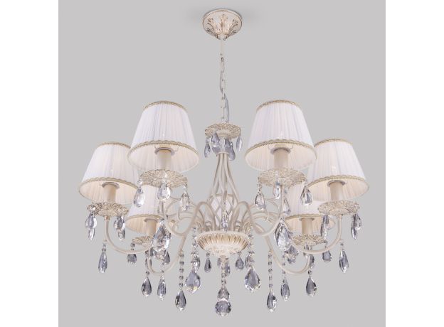 Подвесная люстра с хрусталем и абажурами 3637/7 белый с золотом / прозрачный хрусталь